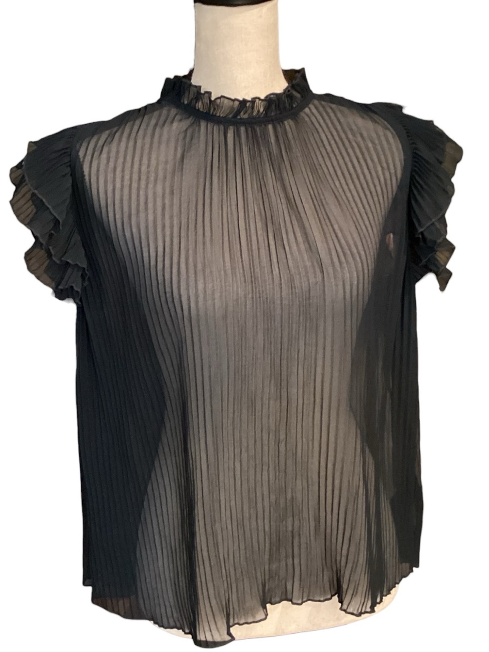 Anthropologie Black/Deep Navy Sheer Pleated Ruffle Sleeve Blouse Large